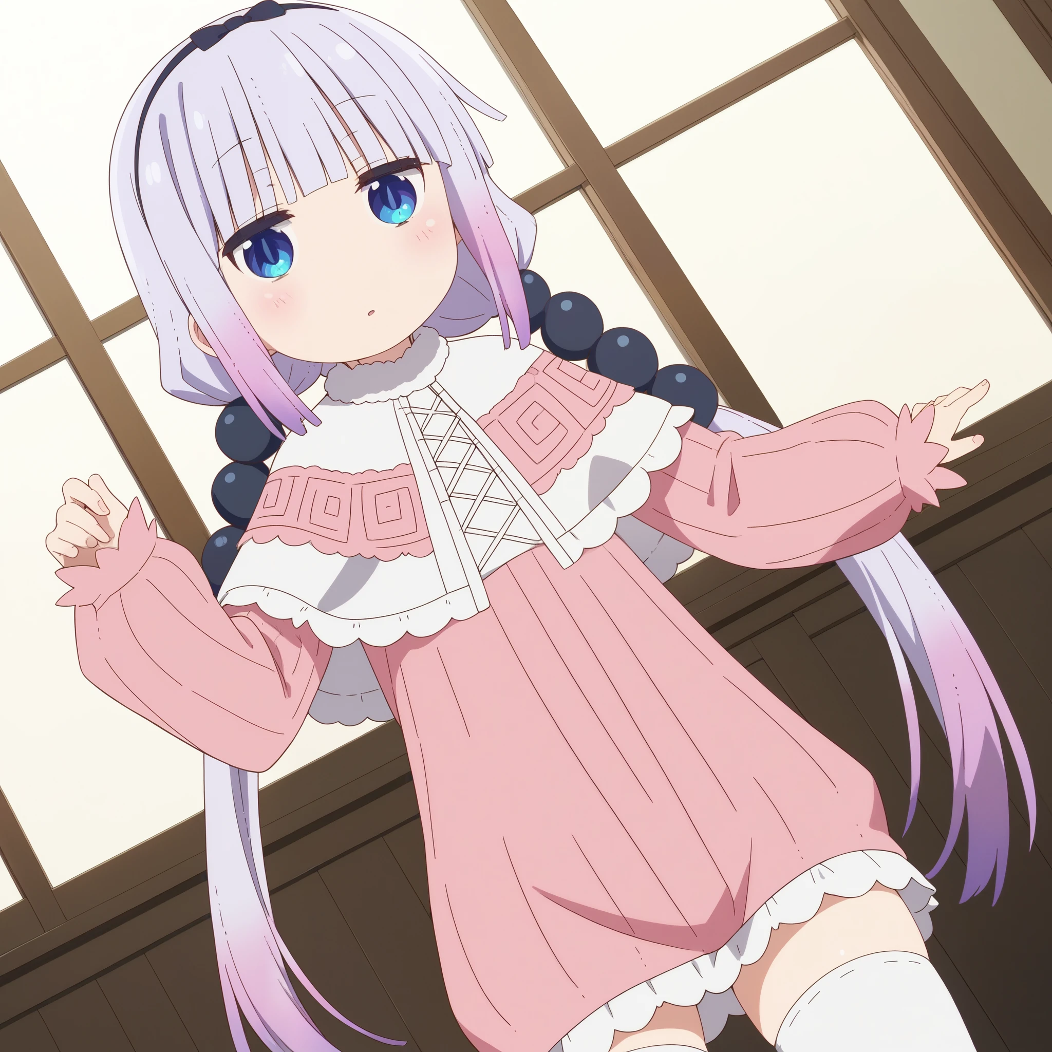 score_9, score_8_up, score_7_up, source_anime,
kannakamui, kanna kamui, long hair, bangs, blue eyes, hair ornament, twintails, blunt bangs, low twintails, light purple hair, beads, dragon girl, hair beads, hairband,
thighhighs, long sleeves, dress, capelet, juliet sleeves,
indoors,
looking at viewer, dutch angle, cowboy shot
