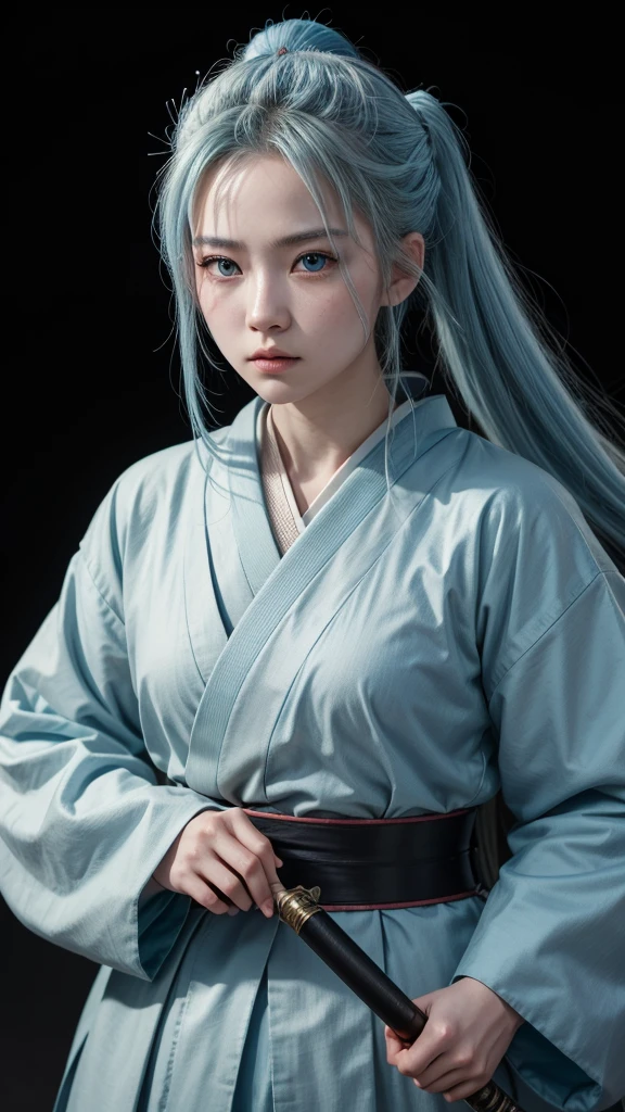 A young female samurai with long light blue hair and light blue eyes, wearing light blue Japanese armor, holding a katana, set in a battlefield. Photo realistic, 8K quality, masterpiece, high resolution, high quality.