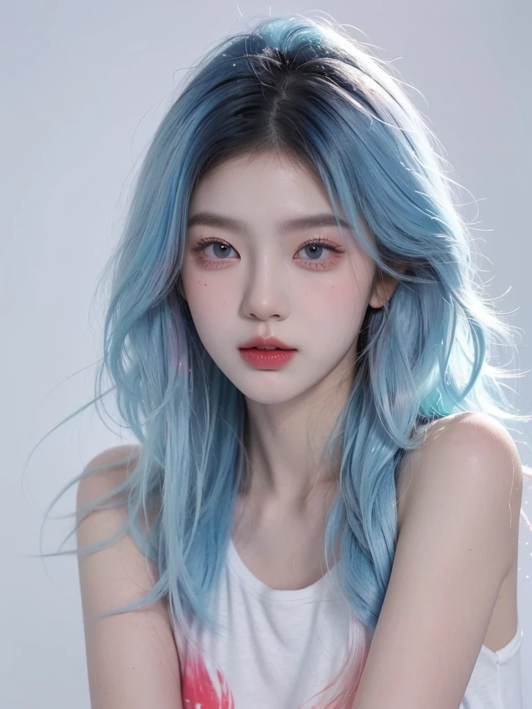 (Masterpiece, Best Quality, High Resolution), White Background, Acrylic Paint, ((Color Splash, Splash of Ink, Color Splash)), Sweet Chinese Girl, Long Light Blue Hair, [Light Blue|Pink] Hair, Curly Hair, Glitter, Peach Lips, White Shirt, Front, Upper Body