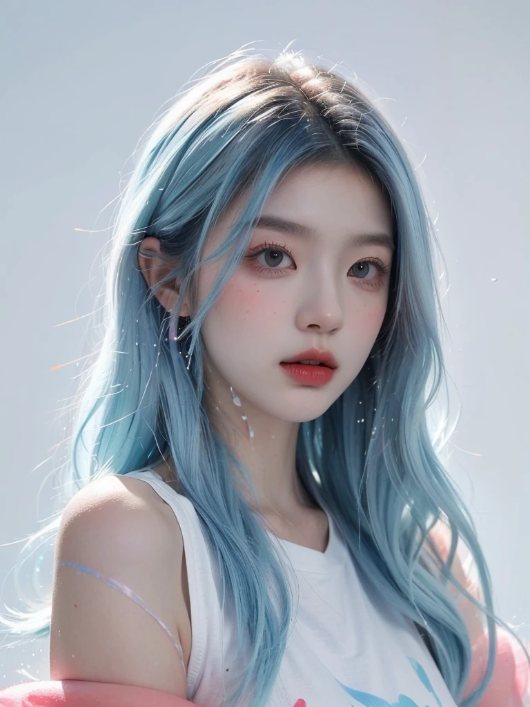 (Masterpiece, Best Quality, High Resolution), White Background, Acrylic Paint, ((Color Splash, Splash of Ink, Color Splash)), Sweet Chinese Girl, Long Light Blue Hair, [Light Blue|Pink] Hair, Curly Hair, Glitter, Peach Lips, White Shirt, Front, Upper Body