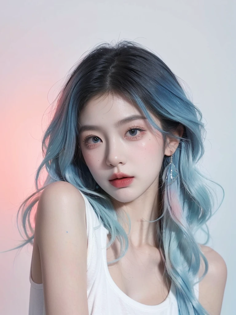 (Masterpiece, Best Quality, High Resolution), White Background, Acrylic Paint, ((Color Splash, Splash of Ink, Color Splash)), Sweet Chinese Girl, Long Light Blue Hair, [Light Blue|Pink] Hair, Curly Hair, Glitter, Peach Lips, White Shirt, Front, Upper Body