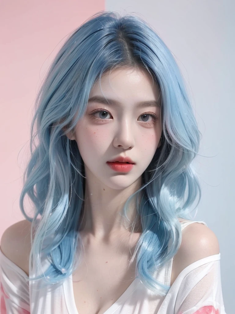 (Masterpiece, Best Quality, High Resolution), White Background, Acrylic Paint, ((Color Splash, Splash of Ink, Color Splash)), Sweet Chinese Girl, Long Light Blue Hair, [Light Blue|Pink] Hair, Curly Hair, Glitter, Peach Lips, White Shirt, Front, Upper Body