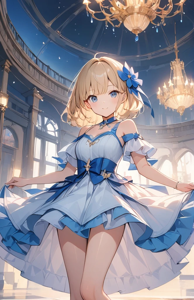 a((Amazingly absurd)),超High resolution, Attention to detail, high quality, High resolution, 最high quality, 4K, 8k,close,cute、Night Ball、A princess who dances、((Beautiful dress))、chandelier、Glowing lights,(Sparkling particles)