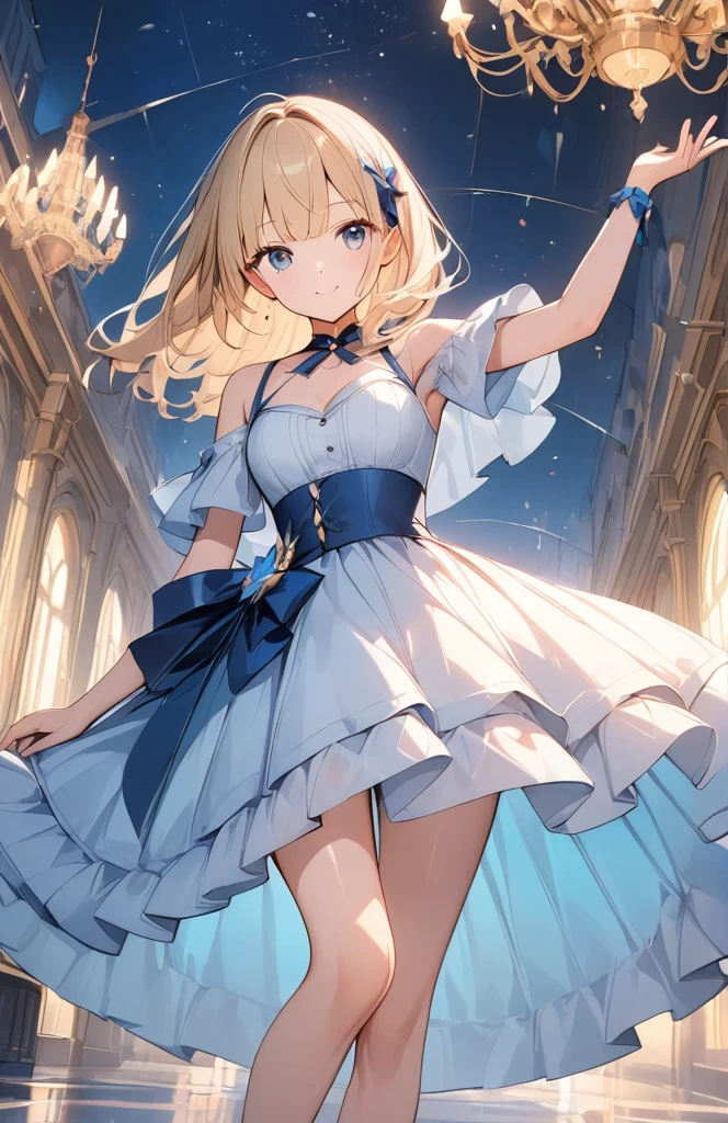 a((Amazingly absurd)),超High resolution, Attention to detail, high quality, High resolution, 最high quality, 4K, 8k,close,cute、Night Ball、A princess who dances、((Beautiful dress))、chandelier、Glowing lights,(Sparkling particles)
