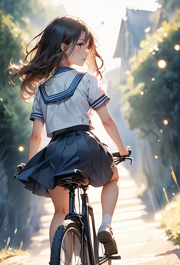 masterpiece, best quality, extremely detailed CG unity 8k wallpaper, Anime illustration of a high school girl riding a bicycle down an amazing downhill slope. She wears a sailor uniform. She is wearing a knee-length skirt. She is riding a bicycle with her legs spread to the sides. Angle seen from the back of the girl. It is painted in pastel colors and has a very emotional atmosphere. Watercolor. bokeh photography, (soft focus):1.2, out-of-focus highlights, dreamy ambiance, glowing circles, mesmerizing depth, depth of field