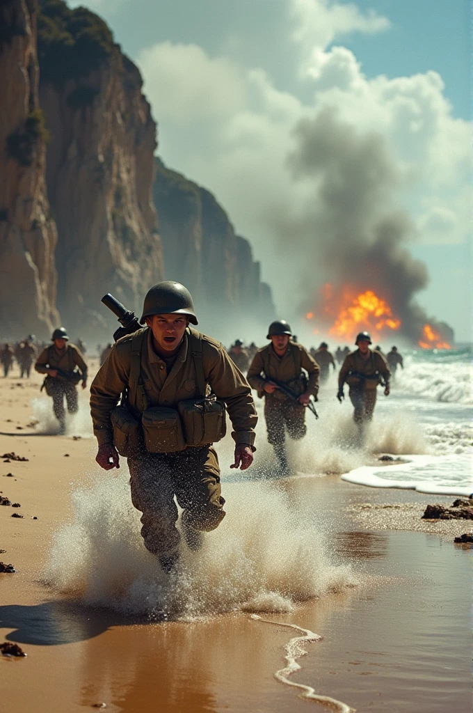 World War II soldiers landing on a beach from landing crafts. The scene shows intense action with explosions and smoke around them.Hyper realistic