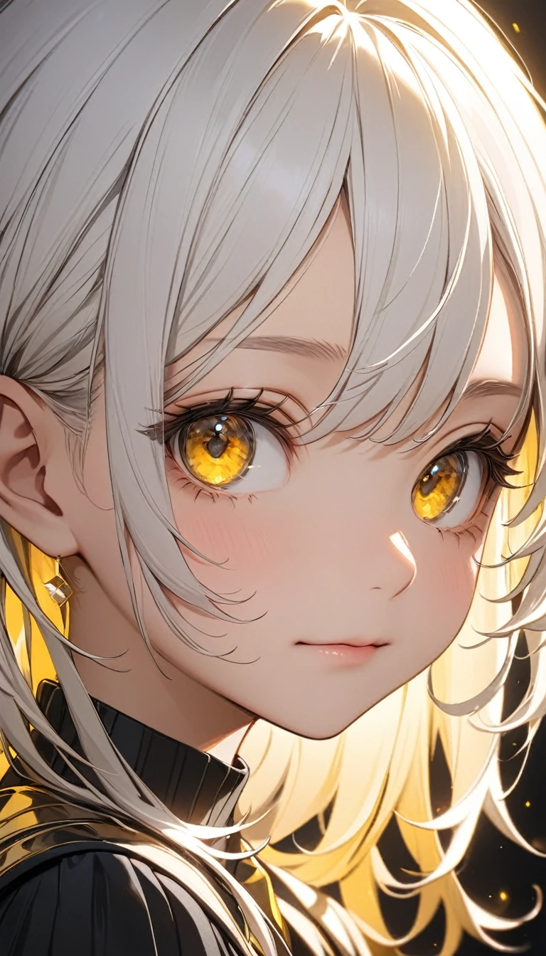 mksks style, 1girl, cute, surrounded by yellow lighting, gold eyes, white hair, black background, closeup, no smile, masterpiece, ultra detailed