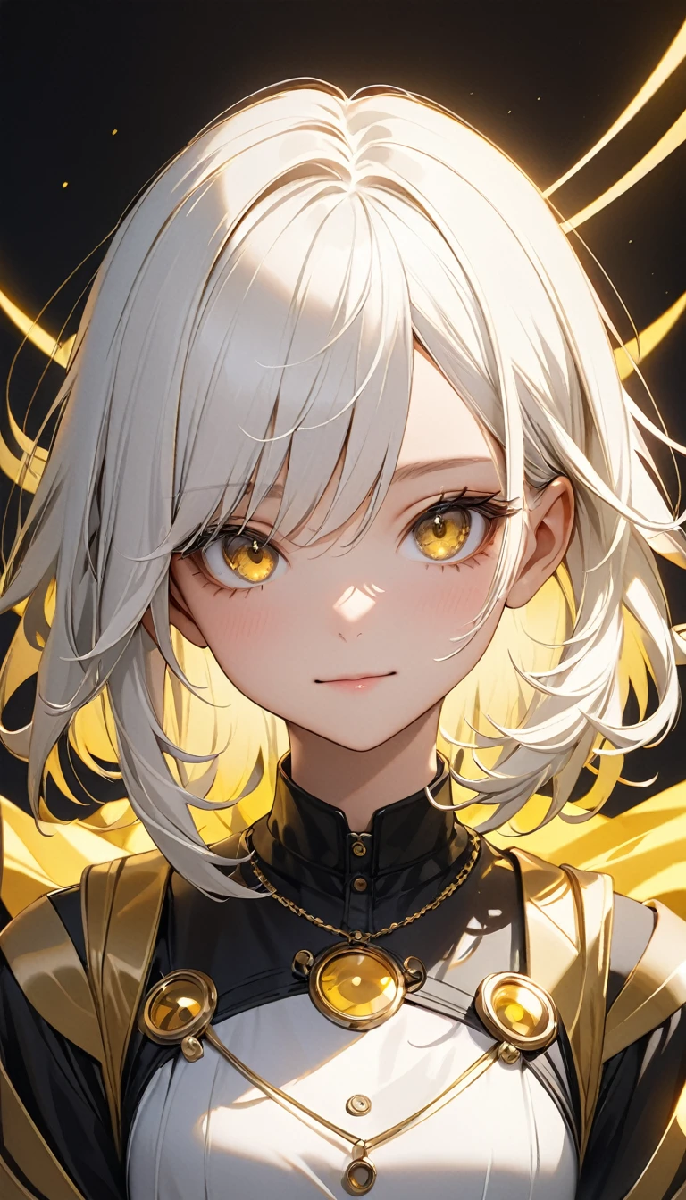 mksks style, 1girl, cute, surrounded by yellow lighting, gold eyes, white hair, black background, closeup, no smile, masterpiece, ultra detailed