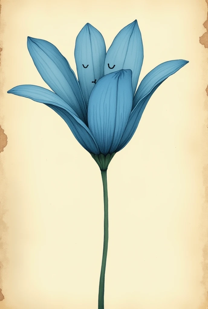 An illustration of a flower with blue petals ,with a sad and minimalist face,vintage book style illustration