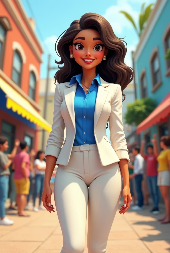 Cartoon character of a Brazilian woman, white suit blue shirt, forehead a little big. large-breasted animation character, for election  Stylized character, animation style rendering, 3d stylized, Arnold Maya rendering, Stylized 3D rendering, toon render screenshot, 3d character, 3d character, Stylized 3D rendering, 3D character rendering, cartoon character, Personagem de close up, character posing,  (Pixar-style) (master part:1.2) (bokeh) (best qualityer) (skin detailed) (detailed texture) (8k) (Argilla) (cinematic lighting) (sharp focus
