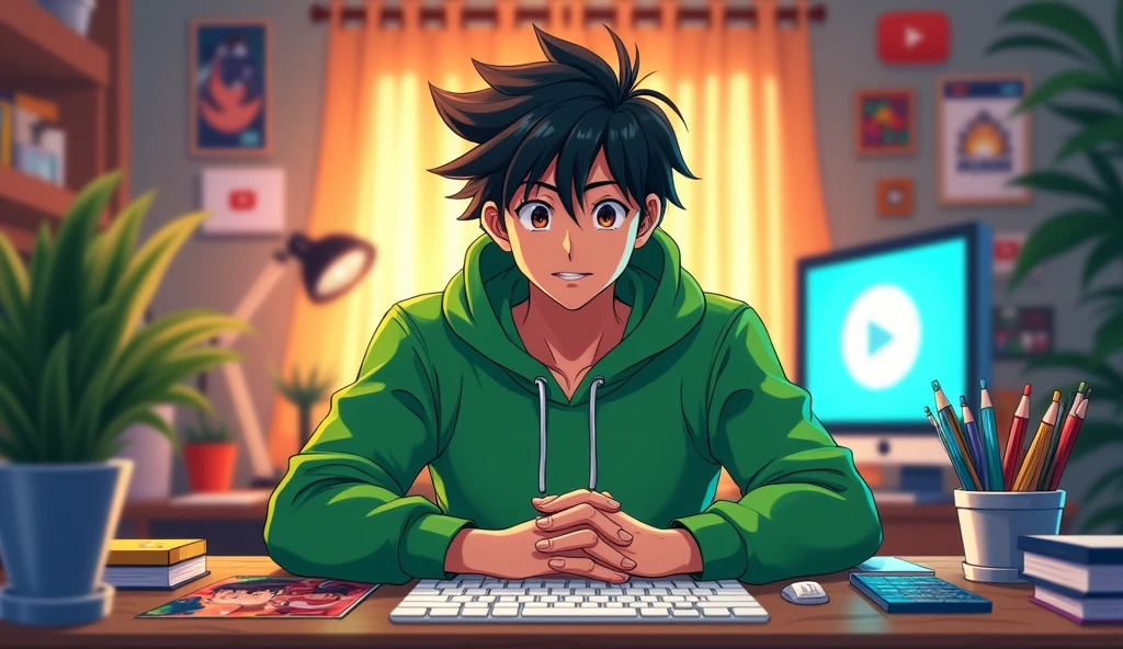 Ek asa ladka banao jo dikhne me 24 saal ka ho , aur wo green colour ke pakde pehen ke ho aur wo apne studio me betha ho , aur uske same uska studio table ho , aur uska eye contact viewer ke sath ho , aur uske background me anime ke poster, YouTube ke saman like Play button, lighting wagera rehna chahiye , anime style
Abhi Jo ladke ko banaya hai usko ache se bich me bethao