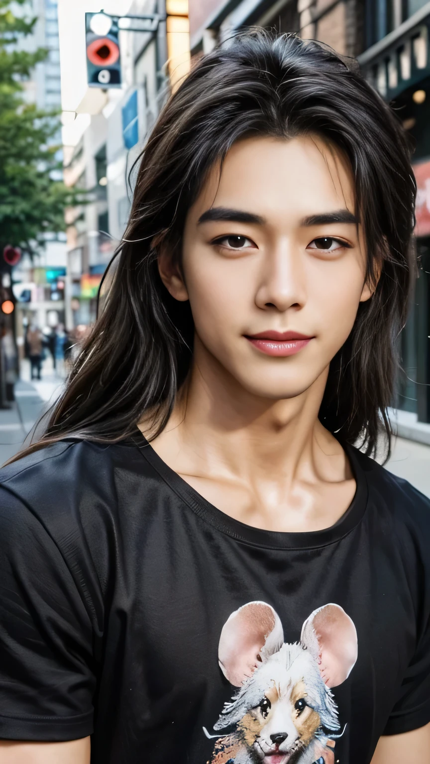 masterpiece, Highest quality, figure, Very detailed, In detail, High resolution, 8k wallpaper, Perfect dynamic composition, Beautiful Men、Super handsome、Beautiful attention to detail , Big eyes、Open the mouse, Sexy Face,A face of ecstasy,The face at the peak of sexual arousal, View your viewers, Childish and innocent expression、((smile))、((Australian/Japanese mix))、((super good looking guy ))、The skin is fine and smooth、No beard、((A beautiful face with a straight nose))、((Long hair like a rock star))、Thin but muscular、((Wearing a white T-shirt))