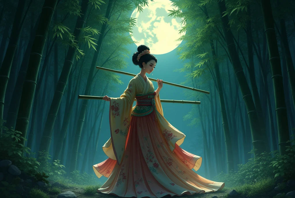 Masterpiece, Princess Kaguya, Twelve-layered kimono, Equipped with bamboo on both shoulders, Bamboo Beam, bamboo forest, night, Satellite Cannon