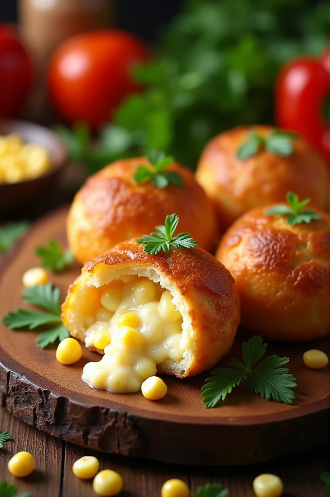 Create an image of a corn and mozzarella coxinha.