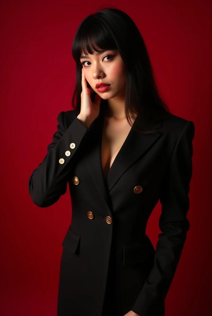 ((best quality, 8K, masterpiece :1.3)), 22 year old girl, very detailed, head facing camera, ((straight bangs)), ((sharp facial expression)), ((wearing Blazer dress)), ((elegant makeup)), hand on cheek, very detailed, realistic, sharp features, very detailed, sharp focus, perfect face, perfect symmetry, perfect eyes, perfect lips, nice anatomy, flexible female body shape, sexy face, big breasts, open cleavage, ((cinematic, film light, dramatic)), very detailed, hyperrealistic, masterpiece, atmospheric, high resolution, dynamic studio lighting, ((red background)), studio, looking at the audience's atmospheric perspective, volumetric lighting, clear focus, (realistic, Hyperrealistic: 1.37), 16k HD, information, ((full shot)).