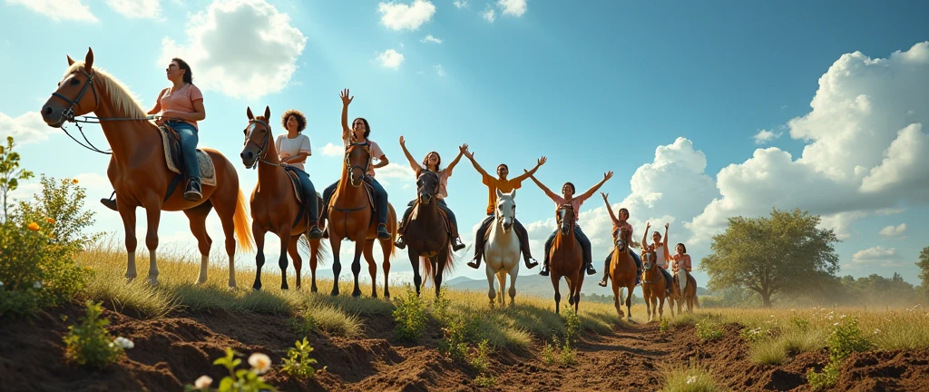 Create a realistic 8k image that shows people on a horseback ride, other people from the church celebrating and others planting