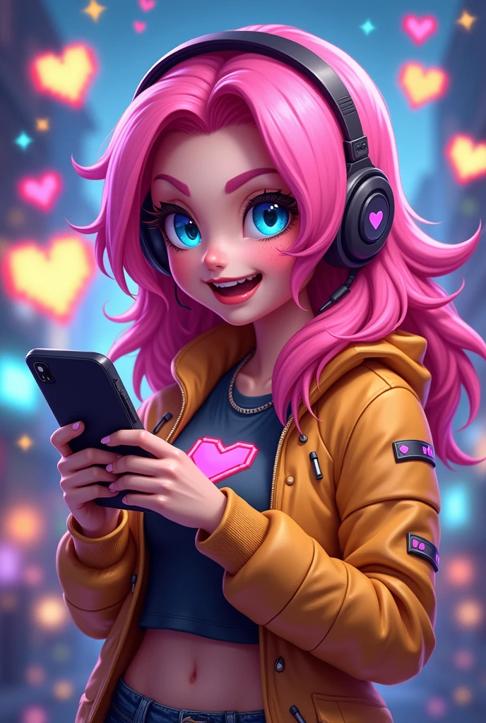 Emote of a gaming chick with a cell phone in hand playing COD Mobile and many hearts 