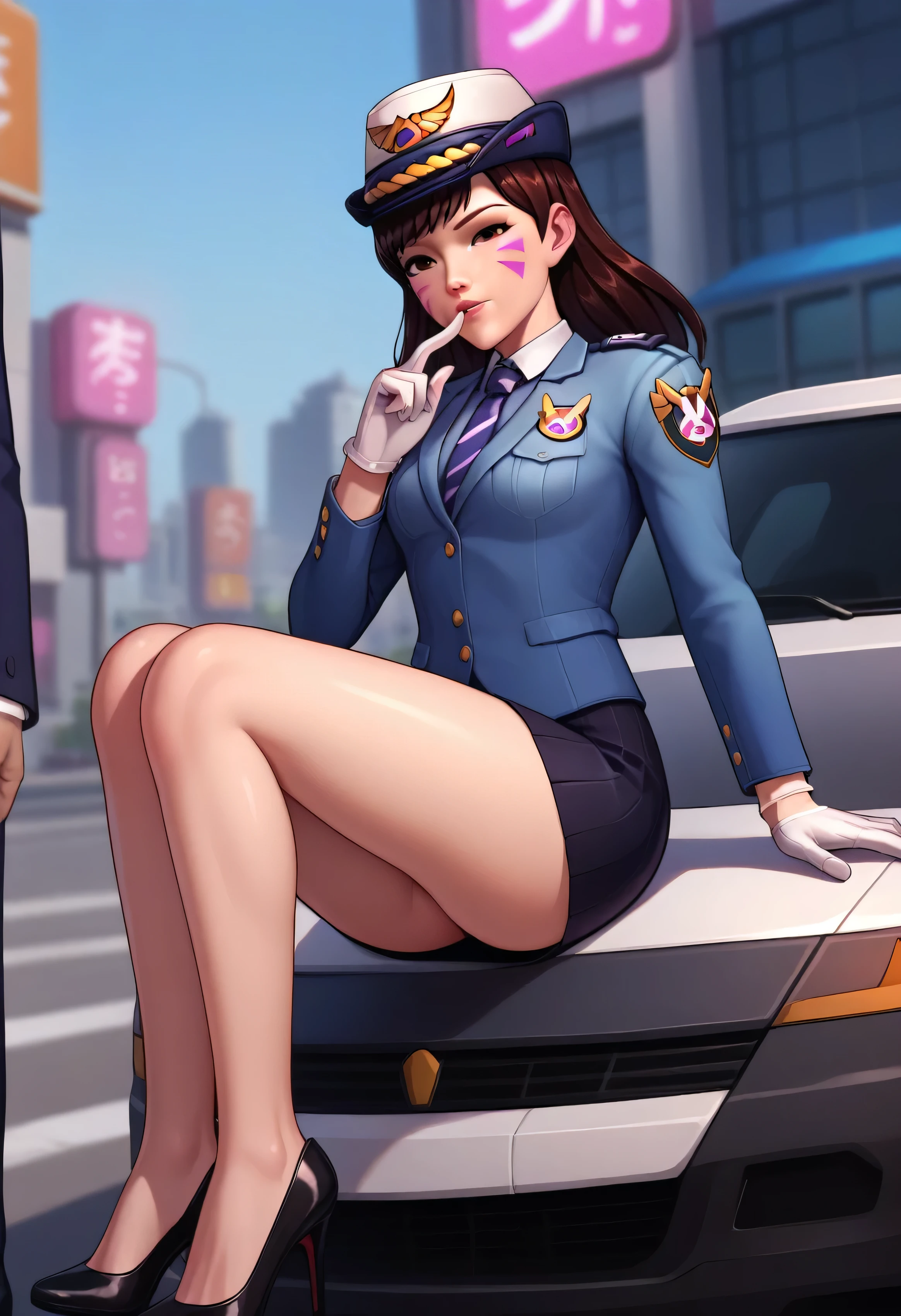 score_9, score_8_up, score_7_up, 1girl, solo focus, officerdva, d.va (overwatch), white gloves, high waisted skirt, bodycon minikskirt, pink whiskers, sitting on police cruiser, city downtown, long sleeves, high heels, (((blazer))), (((suit jacket))), epaulettes, formal, skirt suit