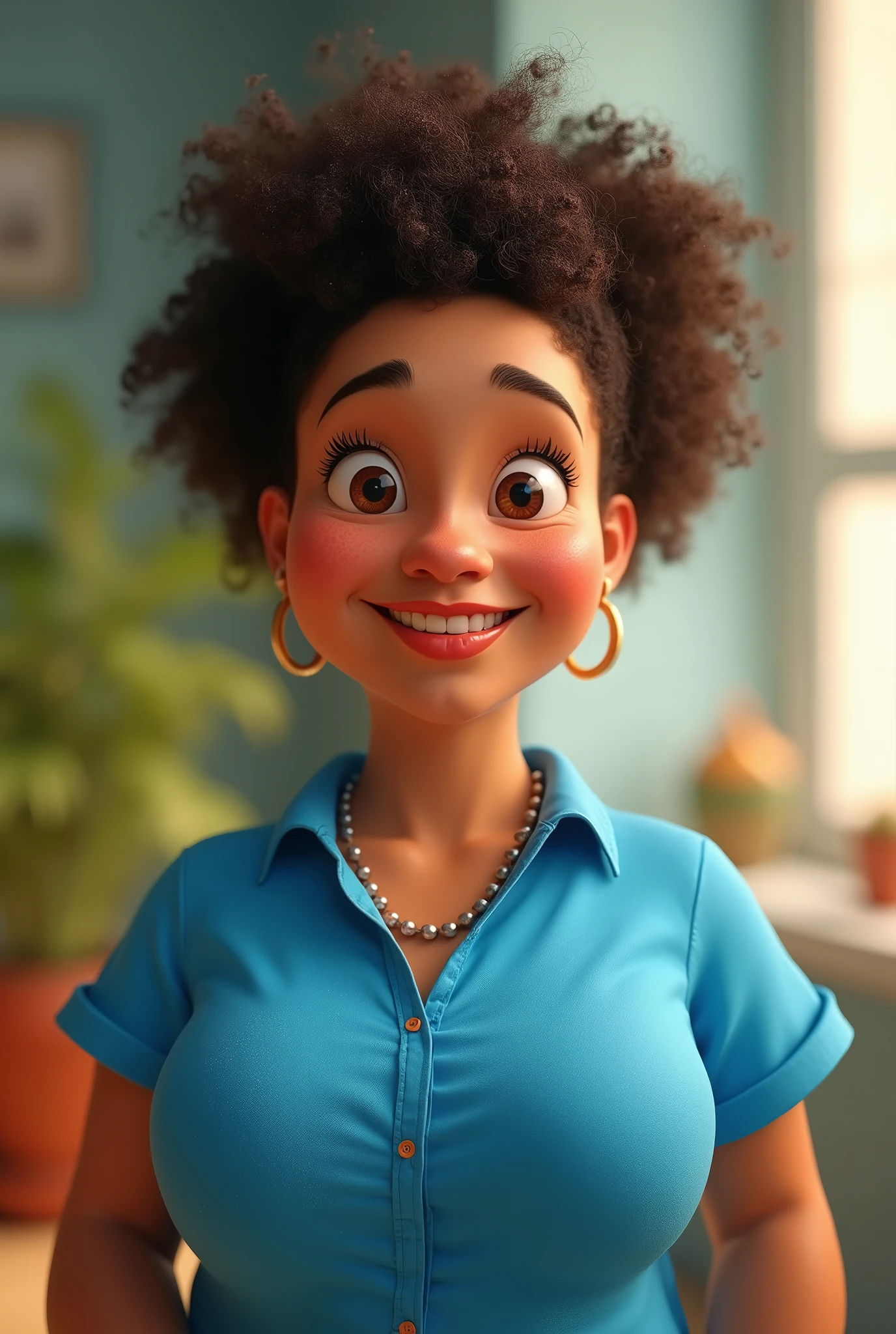 Cartoon character of a Brazilian woman in a blue shirt, forehead a little big. large-breasted animation character, stylized character, animation style rendering, 3d stylized, Arnold Maya rendering, Stylized 3D rendering, toon render screenshot, 3d character, 3d character, Stylized 3D rendering, 3D character rendering, cartoon character, Personagem de close up, character posing, (Pixar-style) (master part:1.2) (bokeh) (best qualityer) (skin detailed) (detailed texture) (8k) (Argilla) (cinematic lighting) (sharp focus
