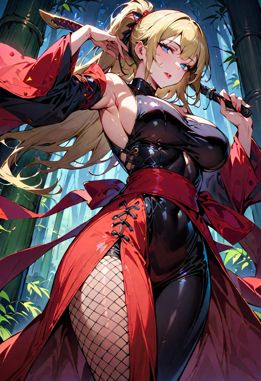 ung beautiful woman,(Highest quality,Extremely detailed depiction,Incredibly absurd high resolution,Anatomically accurate depiction,Curvy Legs),(Shiny skin),(Blonde,Pin one side of your hair back,Side Blade,Large Breasts,Black bodysuit,Ninja costume:1.2,Fishnet tightsの腕,Fishnet tights,Cowboy Shot,Model pose,latex),(Blue Eyes,Detailed pupil,Half-closed eyes:1.3,Shadowed face,Glossy red lipstick,Cool look),eyelash,Standing posture,background:bamboo forest:1.5