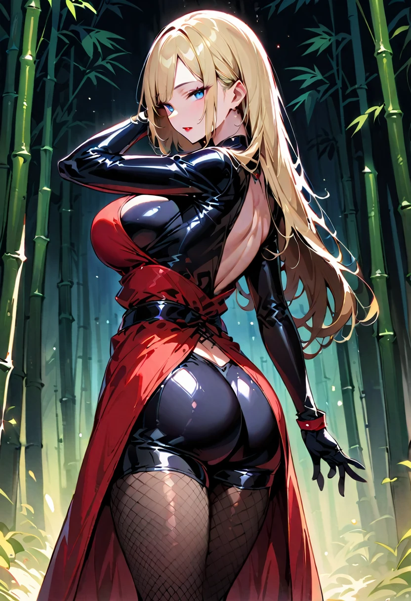 ****ung beautiful woman,(Highest quality,Extremely detailed depiction,Incredibly absurd high resolution,Anatomically accurate depiction,Curvy Legs),(Shiny skin),(Blonde,Pin one side of your hair back,Side Blade,Large Breasts,Black bodysuit,Ninja costume:1.2,Fishnet tightsの腕,Fishnet tights,Cowboy Shot,Model pose,latex),(Blue Eyes,Detailed pupil,Half-closed eyes:1.3,Shadowed face,Glossy red lipstick,Cool look),eyelash,Standing posture,background:bamboo forest:1.5