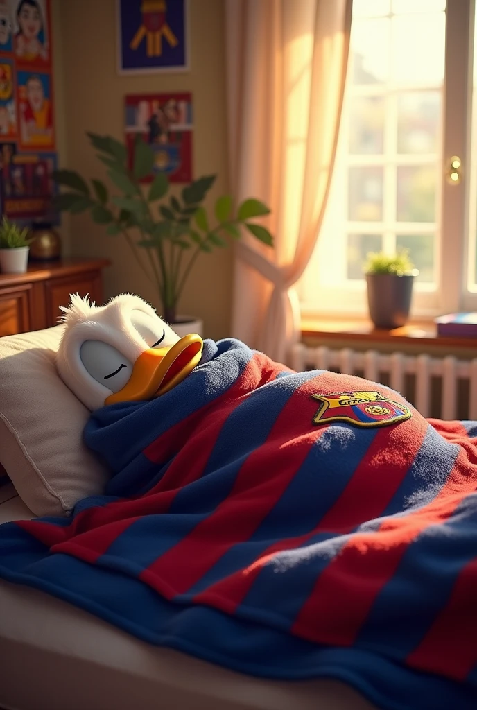 Donald the duck sleeping wearing a Barça blanket with a barca badge