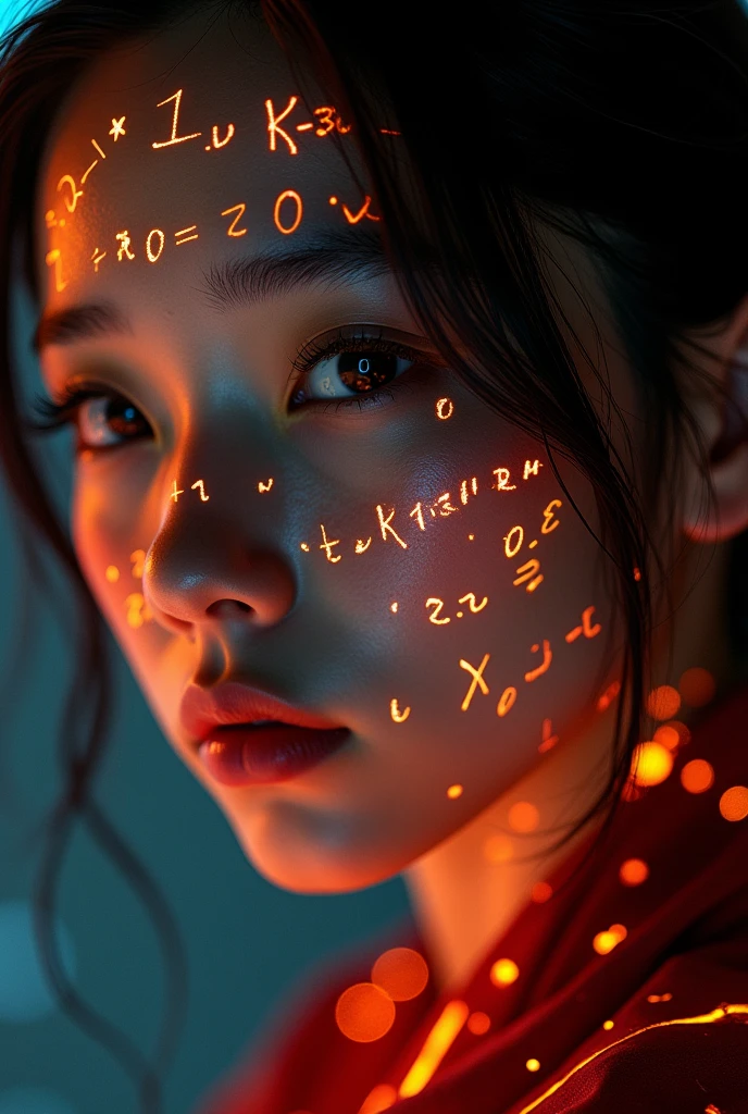 Close-up of a Dunhuang girl's face, Glowing orange holographic equations projected onto her skin. Strong gaze, Realistic features. Dark background, Cyberpunk aesthetics. Glowing math formulas, Handwriting style. Futuristic, High-tech atmosphere. Photorealistic rendering, Dramatic Lighting, In sharp contrast