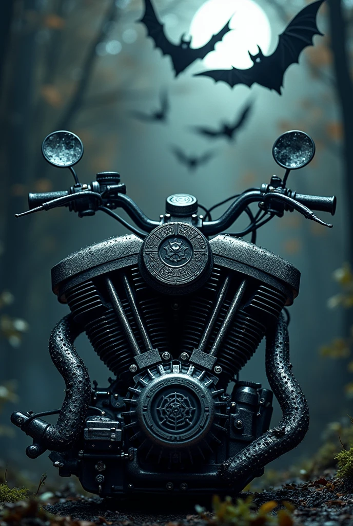 
motorbike engine with black bats black spider web background mythological