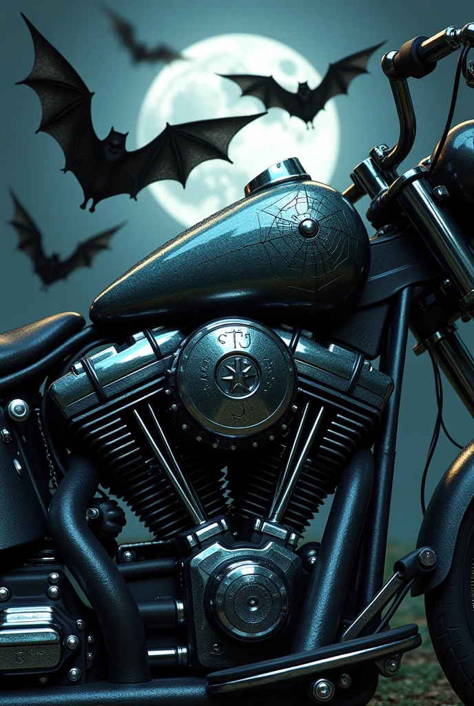 motorbike engine with black bats black spider web background mythological