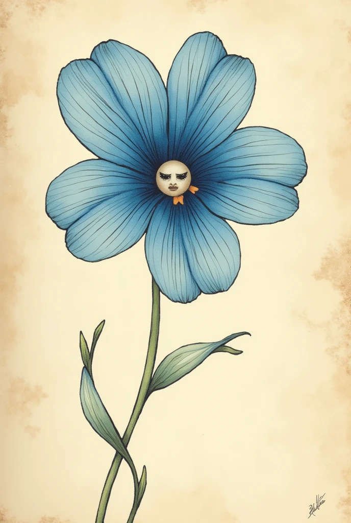 An illustration of a flower with blue petals ,with a sad and minimalist face,vintage book style illustration