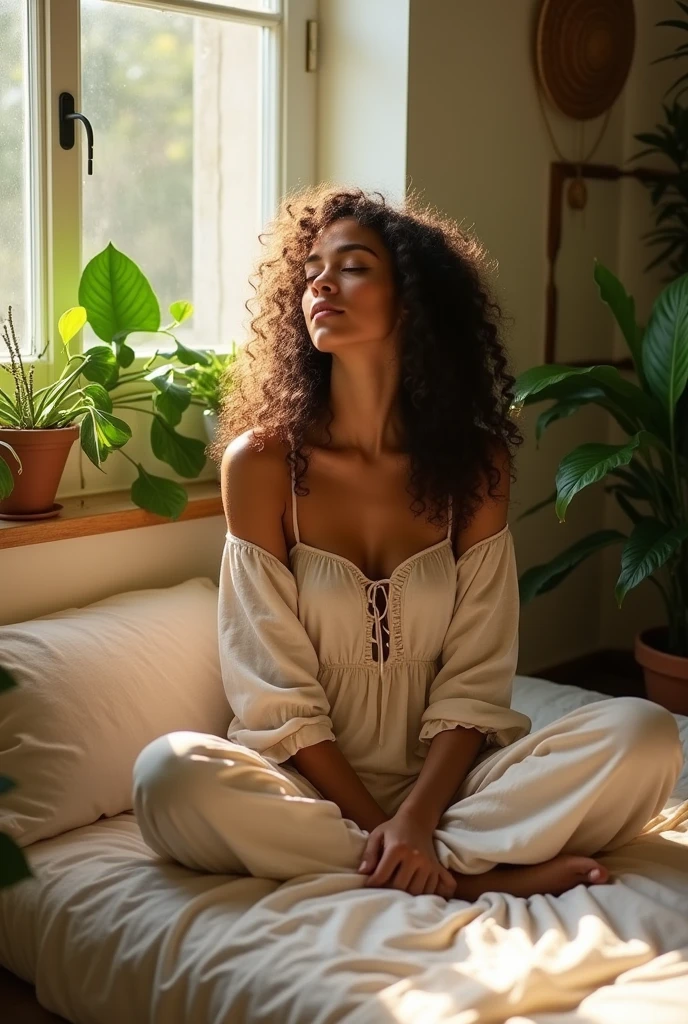 (photorealism:1.2), beautiful woman, sitting on bed, wearing loose off-shoulder top, pajama pants, long curly hair, indoors, soft lighting, plants in background, window with sunlight, cozy room, relaxed pose, realistic, intricate details, warm colors, by Greg Rutkowski, by Alphonse Mucha