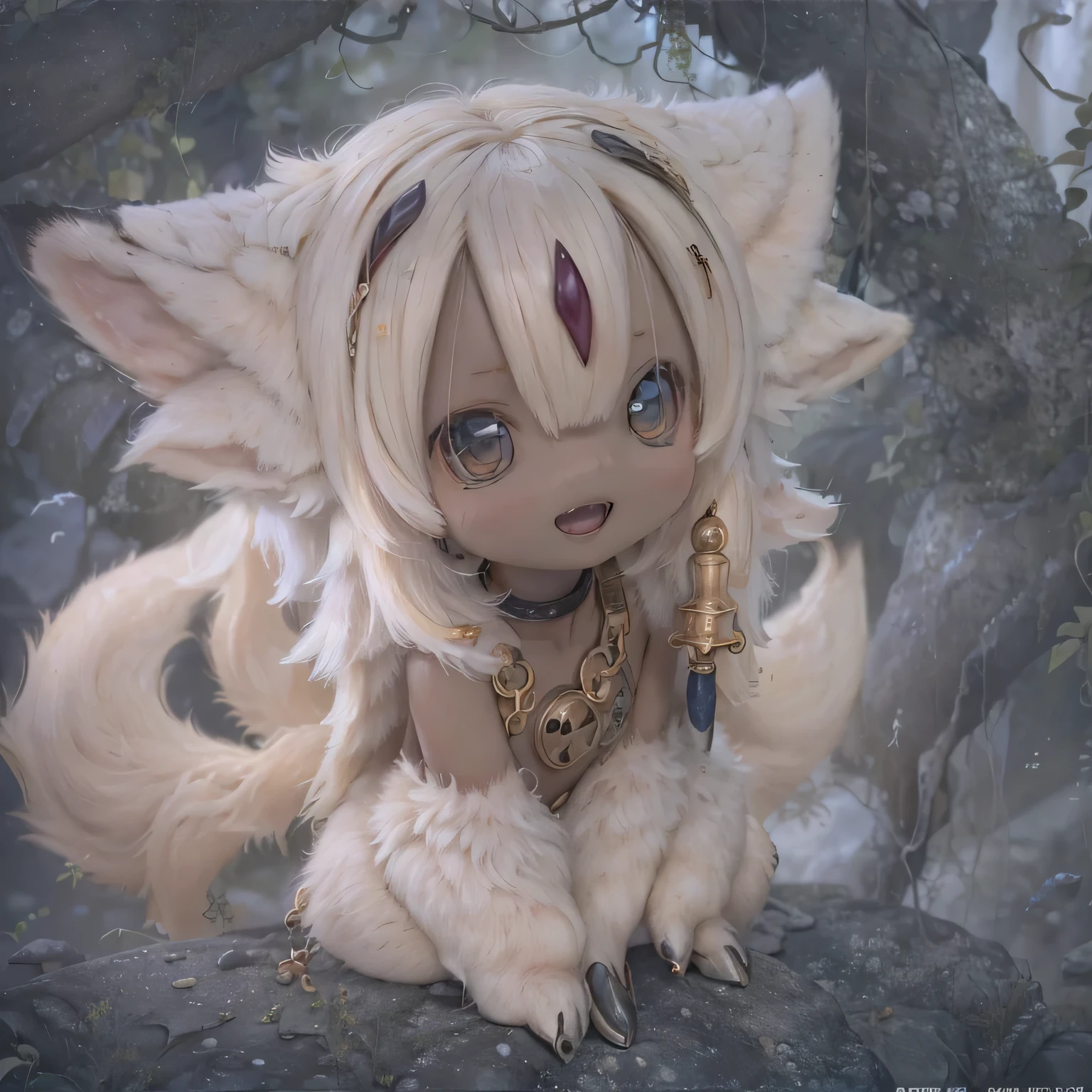 in the garden, smile, Made in Abyss's Faputa. She is beautiful, Beautiful eyes and lips.  (((Chibi Style,))) . Image quality is excellent, Highly detailed and realistic features. The medium of this work is、Combining illustration and photorealistic rendering.. The colors are vivid、The lighting creates a warm and bright atmosphere。 Cute poses for full body comparison,Gray Hair、Black skin and angry