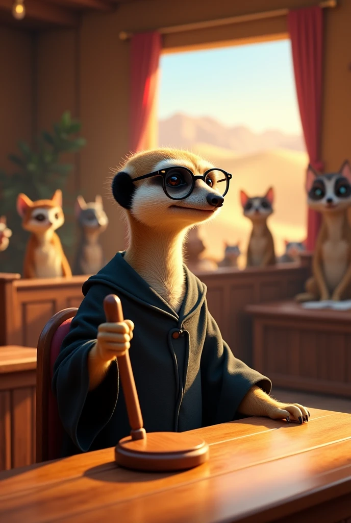Meerkat judge with gavel in hand