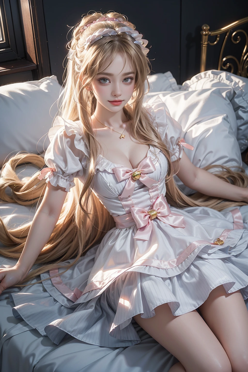 cyb dress, puffy short sleeves, bow((Girl lying in bed))、A beautiful and moving woman, in an elegant pose, her full breasts on display.,Visible cleavage,The skirt is short, Sexy long legs,Variety of slim and cute beauties, Her long hair cascades down her shoulders like a waterfall。She smiles radiantly,Eyes sparkle,Her skin is flawless。Her curves are highlighted。Sparkle in the light,The colors are soft,Perhaps in shades of light pink or lavender。She lay confidently,One hand on hip,Her posture is both graceful and strong。She wears elegant high heels,Goes well with her outfit。In the warm golden sun。The overall atmosphere of the image is tranquil and uplifting,Emphasizing natural beauty and elegance, Studio Lighting,Bright colors, Sweet maiden, sweet smile, make up,shy,Blush,Parted lips,Heavy breathing,moan,Surrealism,Realism,Movie Lighting,Relief,Sony FE GM,Retina,masterpiece,precise,Anatomically correct,Textured Skin,Super Detail,High Detail,best quality,rich and colorful