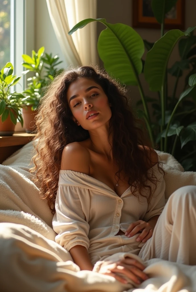 (photorealism:1.2), beautiful woman, sitting on bed, wearing loose off-shoulder top, pajama pants, long curly hair, indoors, soft lighting, plants in background, window with sunlight, cozy room, relaxed pose, realistic, intricate details, warm colors, by Greg Rutkowski, by Alphonse Mucha