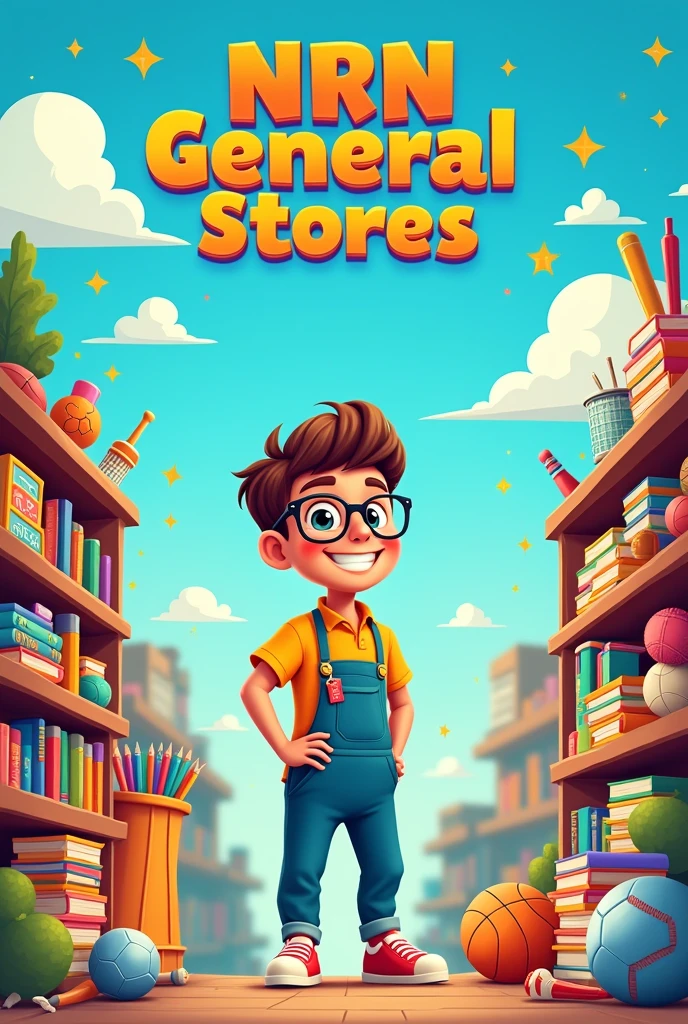 Create Banner for My shop name NRN General Stores with stationery items, sports items and books