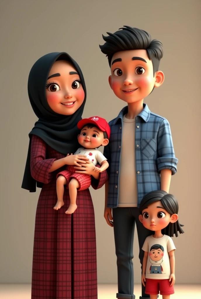 Hyperrealistic 3D Cartoon style character.
An 30 years old adult Indonesian woman with an oval face and light brown skin. She smiles kindly, showing soft round eyes and warm smiling lips. Wearing a black hijab, which is elegantly wrapped around her head and neck. This woman is wearing a long maroon dress with a plaid pattern, which covers her body down to her ankles. The dress covers her entire arms. This appearance gives a polite and elegant impression. In her arms, she is holding a baby.
The baby she is holding has a round face with lighter skin. Her hair is still thin and almost bald and black. She is wearing a bright red hat that makes her look cute and adorable. This baby is wearing a white top with a pattern on the front, and red shorts that match the hat. His feet are wrapped in white socks.
Beside the woman, stands an 40 years old adult man with a big smile. He has an oval face with brown skin and neat short black hair. This man is wearing a plaid shirt with a dominant blue color, long sleeves rolled up to the elbow, giving a casual and comfortable impression. He also wears black trousers and a watch on his left wrist, adding a practical and modern impression.
In front of the man stood a with an oval face and brown skin similar to the adults around her. The child's hair was long and tied back in a neat ponytail. She was wearing a white T-shirt with a cartoon character on the front and the words "I'm Vania". The pants she was wearing were black, reaching her calves, showing a serious expression but smiling forward. Her cute and adorable appearance reflected the innocence and joy of childhood.
Use soft photography lighting, Hair lighting, top lighting, side lighting, high quality photos, UHD, 16K