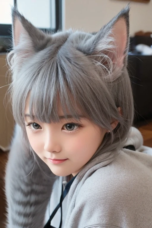 Gray cat's head, Fluffy and cute