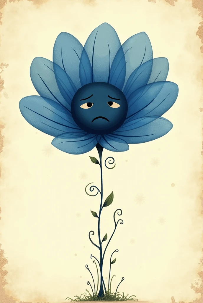 An illustration of a flower with blue petals ,with a sad and minimalist face,vintage book style illustration