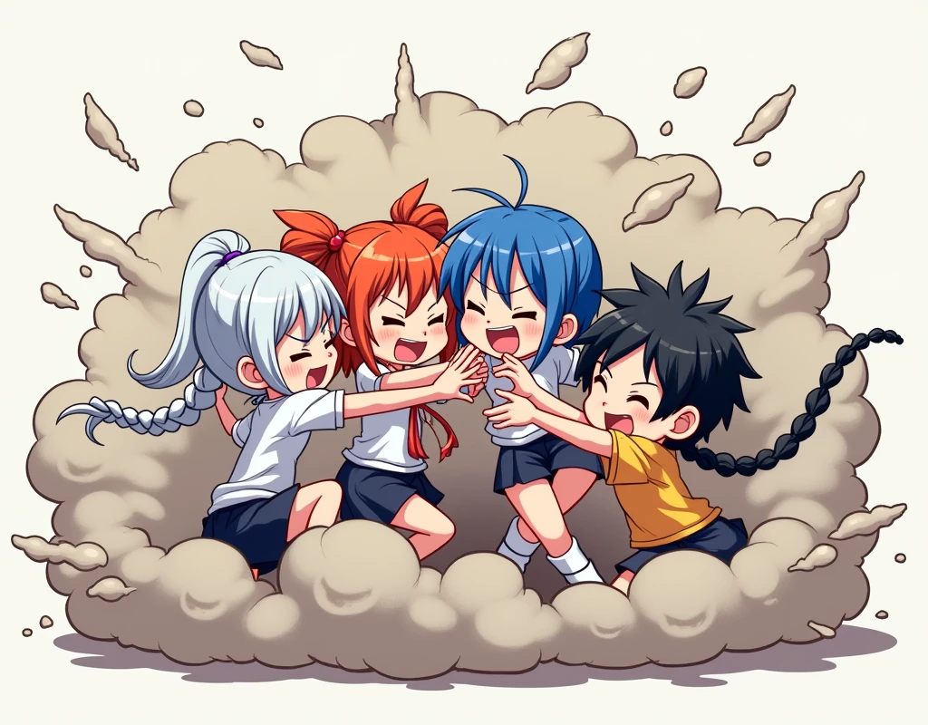 An anime-style illustration depicting four girls playfully wrestling with each other inside a light gray comical fight cloud (dust cloud).
each girl has different  colored hair: one with silver hair braided,another  with orenge sidetaile,and one with blue braideds,and one with black short hiar.
their faces,hands,and feet are visible emerging from the cloud as they tussle humorously,  with the rest of their bodies completely hidden inside the cloud.
the illustration emphasizes the humorous and energetic nature of their scuffle,with a fluffy  andexaggerated fight cloud.