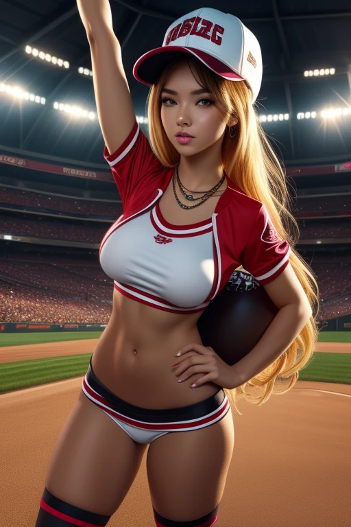 goddess, sexy body, lustful face, detailed face, Coxville Stories, 18 years, platform boots, perfect fake, round giant massive artificial huge breast:2,Cheeky cheerleader outfit, NECKLACE, baseball cap, Very tanned skin, thin, see-through uniform, vulgar uniform, Vulgar posture,  sexy pose