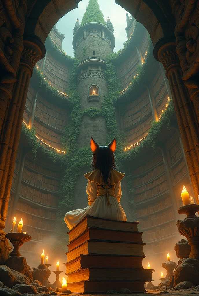 is covering a book with an old looking book. In the center there is a Neko girl wearing a dress. Behind her there is a tower above there is an inscription in an unknown language. David and the team