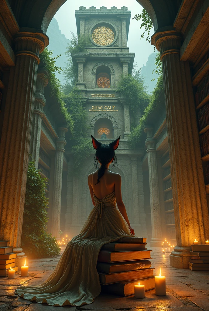 is covering a book with an old looking book. In the center there is a Neko girl wearing a dress. Behind her there is a tower above there is an inscription in an unknown language. David and the team