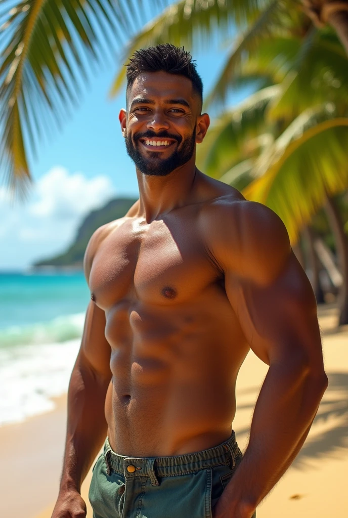 create a strong, muscular, tanned Brazilian man