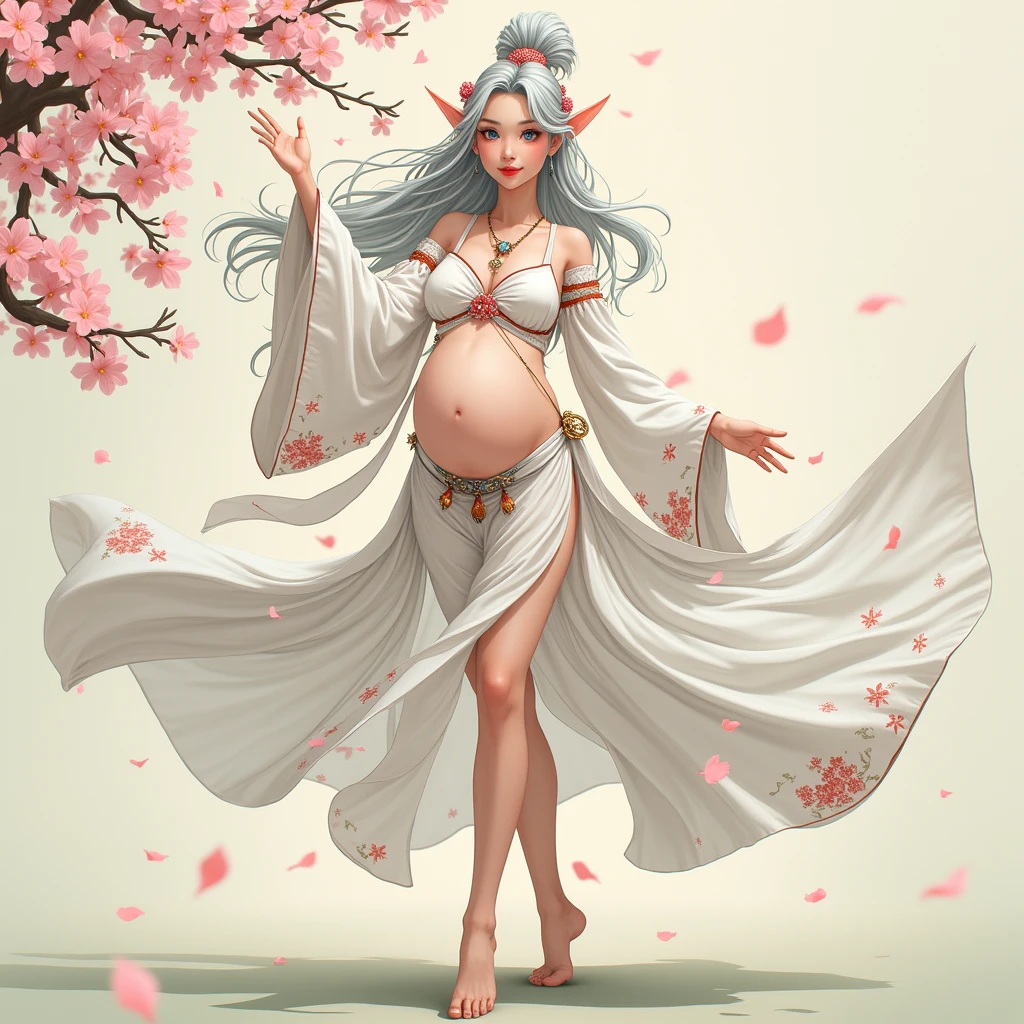 Anime Style　Brown skin　Silver Hair　Young face　low length　Big Breasts　Last month of pregnancy　Elf　See-through　White　SakuraFubuki　embroidery　Chinese clothing　Clothing　grassland　share　Leg spread　dance