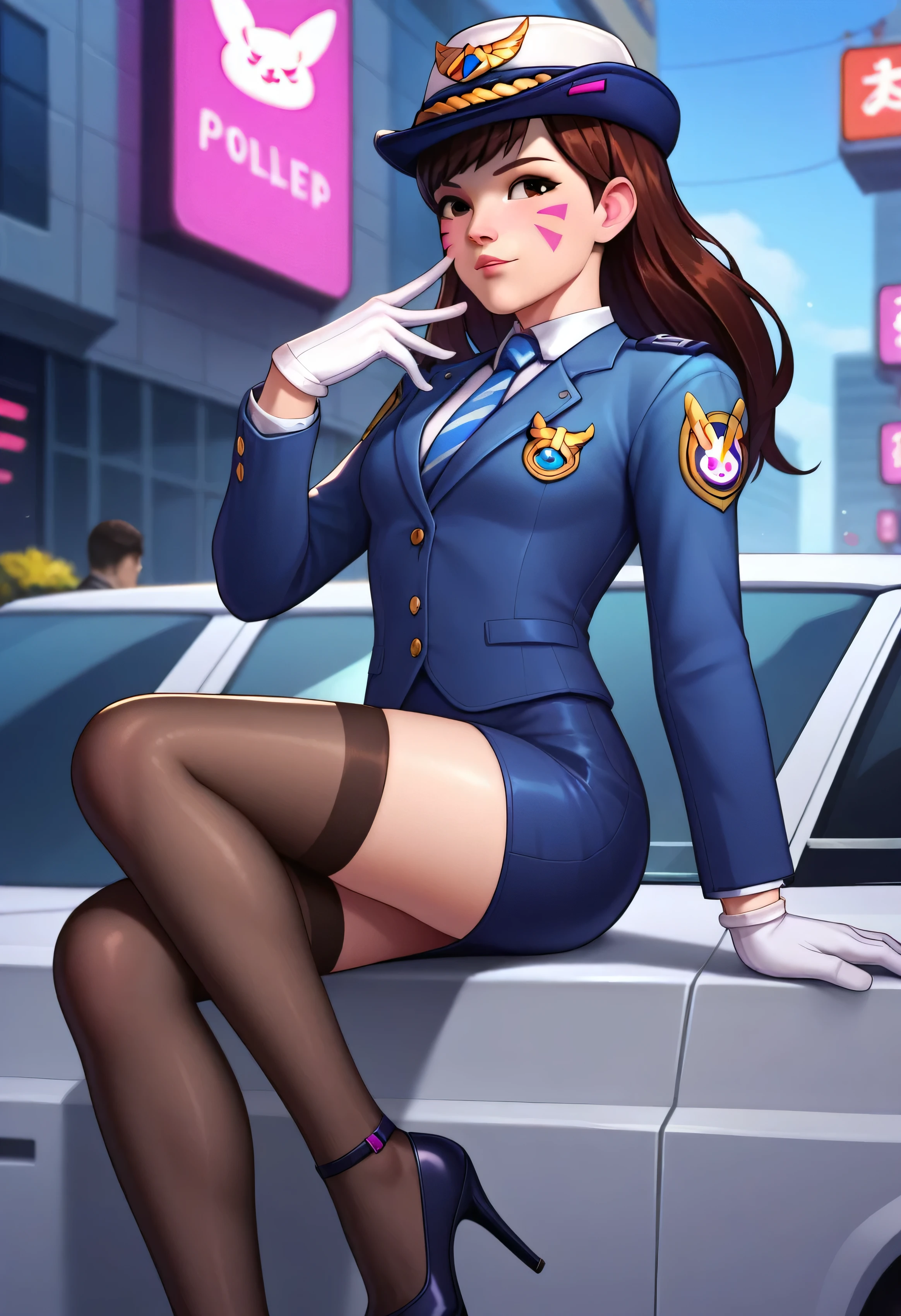 score_9, score_8_up, score_7_up, 1girl, solo focus, officerdva, d.va (overwatch), white gloves, high waisted skirt, bodycon pencil skirt, stockings,  pink whiskers, sitting on police cruiser, city downtown, long sleeves, high heels, (((blazer))), (((suit jacket))), epaulettes, formal, skirt suit