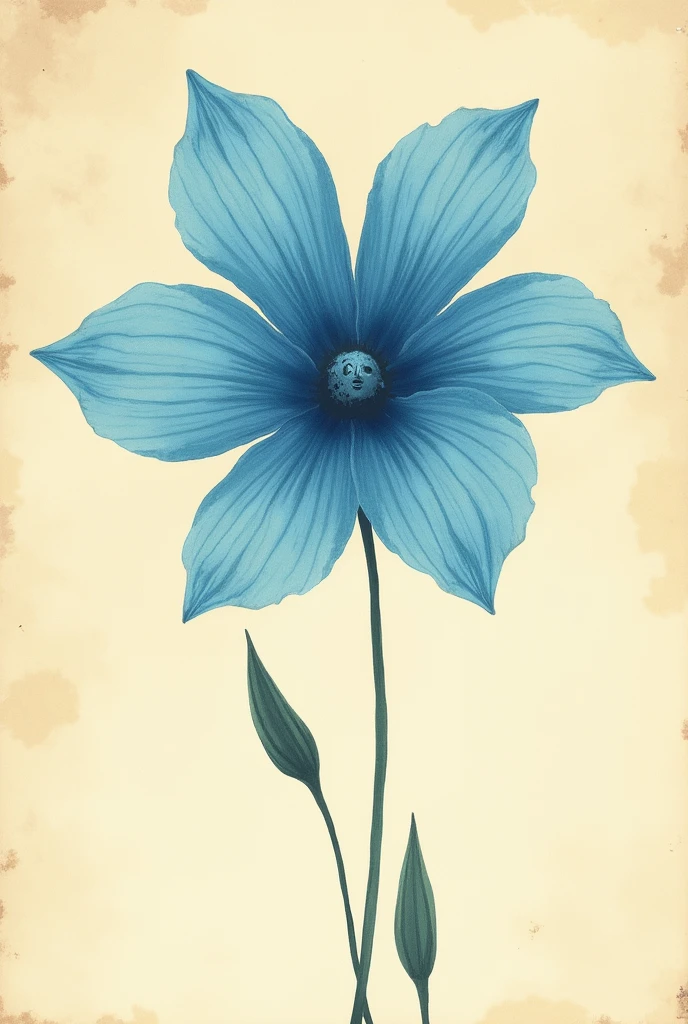 An illustration of a flower with blue petals ,with a sad and minimalist face,vintage book style illustration