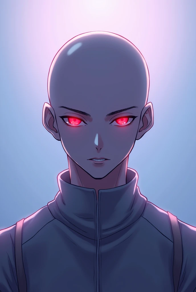 A man with red eyes and no hair on his head. A detailed anime-style portrait of a young character standing with no hair on his head. His face looks clear. He naturally looks straight ahead. It can be seen that he is not wearing any clothes, the plane in the background is one color