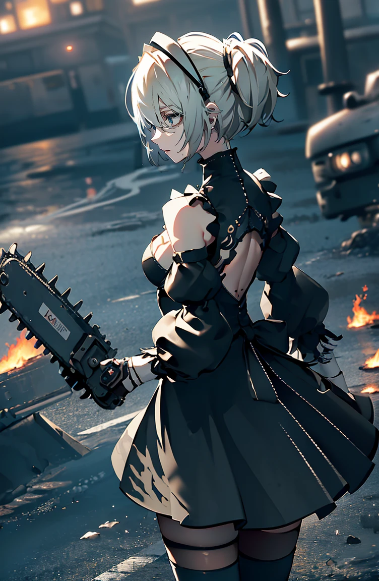 super high quality、8K quality、High resolution、Image quality captured with a single-lens reflex camera、(software)、Perfect Anatomy、(1. The theme is a gothic punk girl in a black dress.）Beautiful blonde 20 year old girl.Orange eyes、(Good shape、Normal chest、Cleavage)、(Black mechanical parts for arms and legs、3d, Realistic mechanical parts)(Mechanical parts wings on the back)(Equipped with a giant chainsaw:1.2)rest、（Perfect Anatomy:1.4）rest(Rear View、look back、Avoiding gaze:1.3)Petals flutter(The battlefield was filled with smoke.、wasteland、Girl at Dusk:1.5)