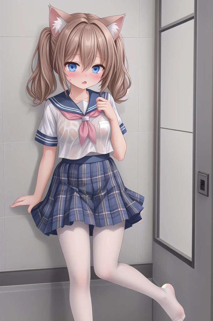 Solo Girl, 20-year-old,Medium Hair, hair between eyes, twintails, sailor collar, Light brown hair, A small chest, highest quality, High resolution, Very detailed, Detailed JK Uniform Plaid Skirt, school uniform, Light pink mini skirt, Background, Perfect lighting、very cute, Blue eyes, a pair of cat ears, Blush, White pantyhose,
No shoes on, In public restrooms, scared expression, Wet clothes, Pink lingerie, The skirt is hanging on the feet